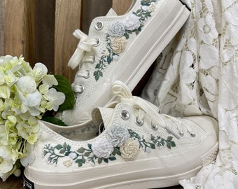 3 D Hand Embroidery Wedding Sneakers / Wedding Flowers Embroidered Shoes/ Bridal Flowers Embroidered Sneakers Wedding Flowers