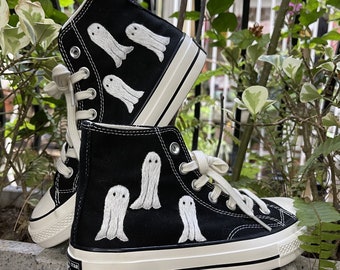 Embroidered Converse: Black High Top Sneakers with Ghost Design