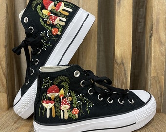 Embroidered Mushroom Converse: Custom Lift Platform High Top