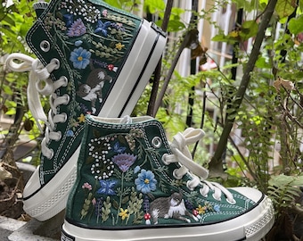 Custom Converse Cat Embroidered Sneakers – Floral Garden High Tops – Handmade Pet Lover Wedding Shoes