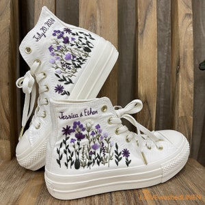 Custom Wedding Sneakers Platform/ Wedding Flowers Embroidered Shoes/ Bridal Flowers Embroidered Sneakers/ Flowers Embroidered Sneakers/