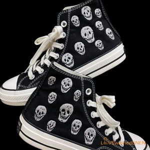 Skull Embroidered Converse | Gothic High Tops | Halloween Skeleton Shoes | Custom Hand Embroidery Sneakers
