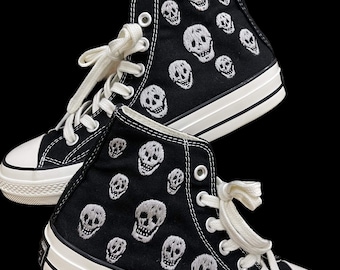 Skull Embroidered Converse | Gothic High Tops | Halloween Skeleton Shoes | Custom Hand Embroidery Sneakers