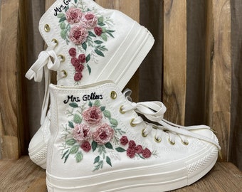 Custom Sneakers Platform/ Wedding Flowers Embroidered Shoes/ Bridal Flowers Embroidered Sneakers/ Wedding Flowers Embroidered Sneakers/