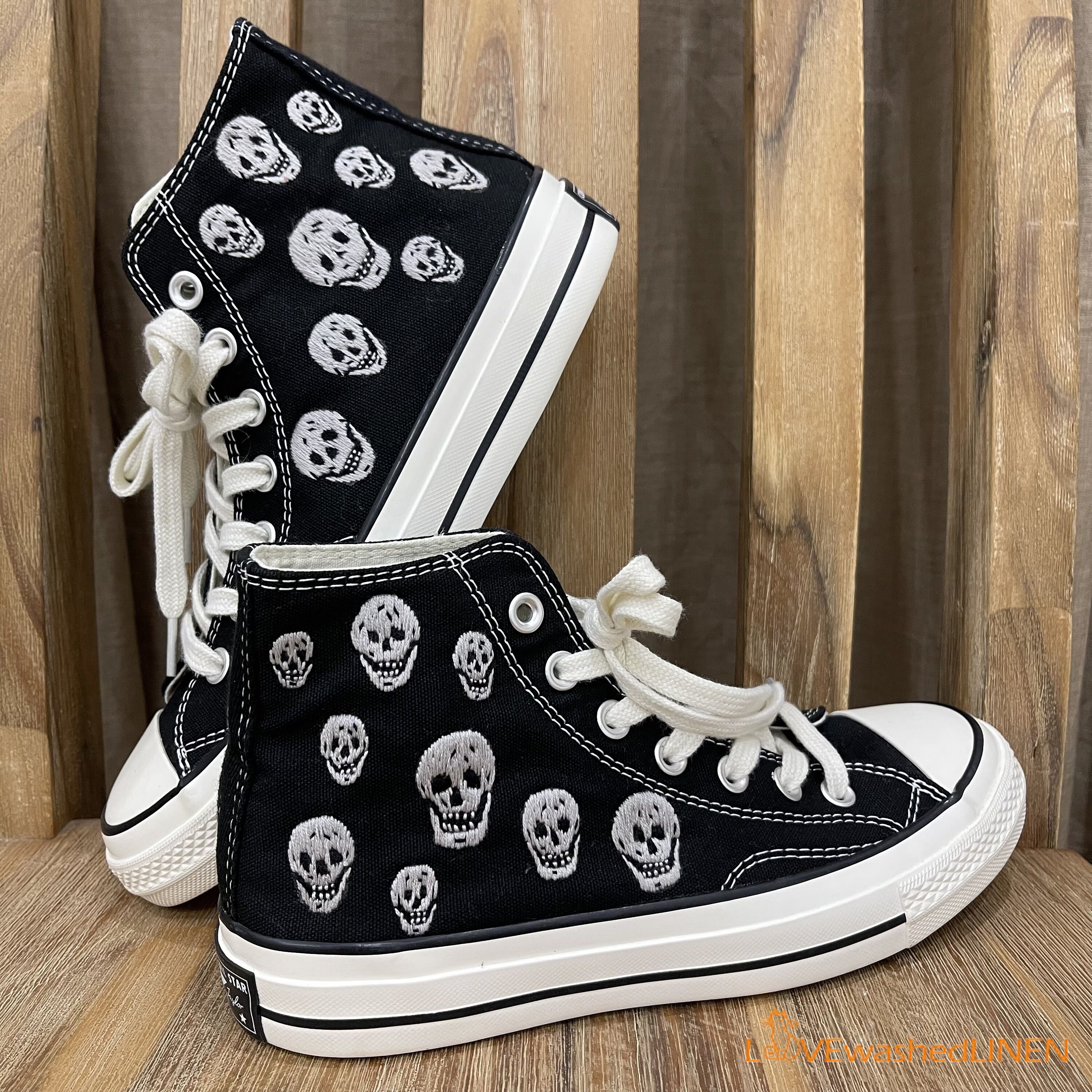 Skull Embroidered Converse | Gothic High Tops | Halloween Skeleton 