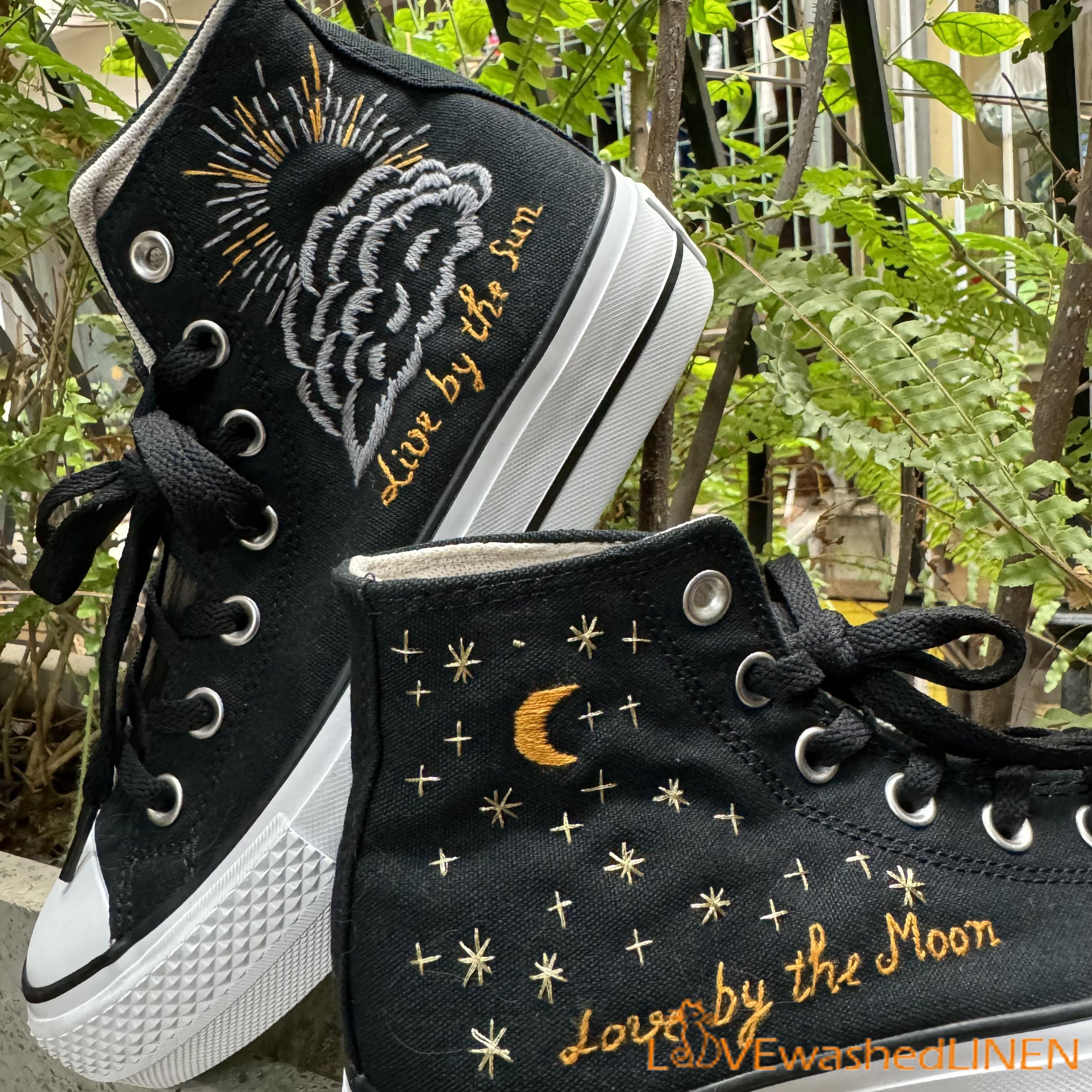 Embroidered Celestial Converse Sneakers: Sun, Moon & Stars