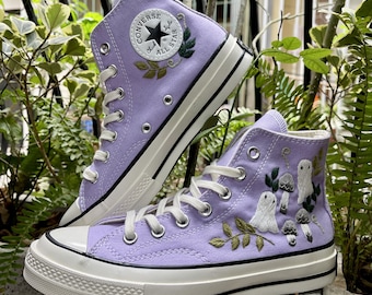 Embroidered Converse Sneakers: Custom Ghost & Mushroom Design