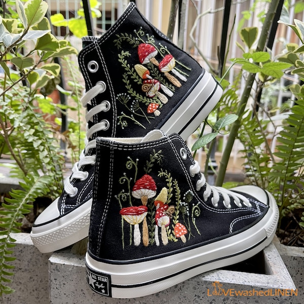 Custom Converse Taylor 1970s  Mushrooms Embroidered Shoes/ Mushrooms Embroidered Sneakers Custom/ Mushrooms Embroidered Sneakers