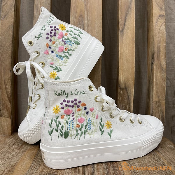 Custom Sneakers Platform/ Wedding Flowers Embroidered Shoes/ Lesbian Pride Flowers Embroidered Sneakers/ Wedding Flowers Embroidered Sneaker
