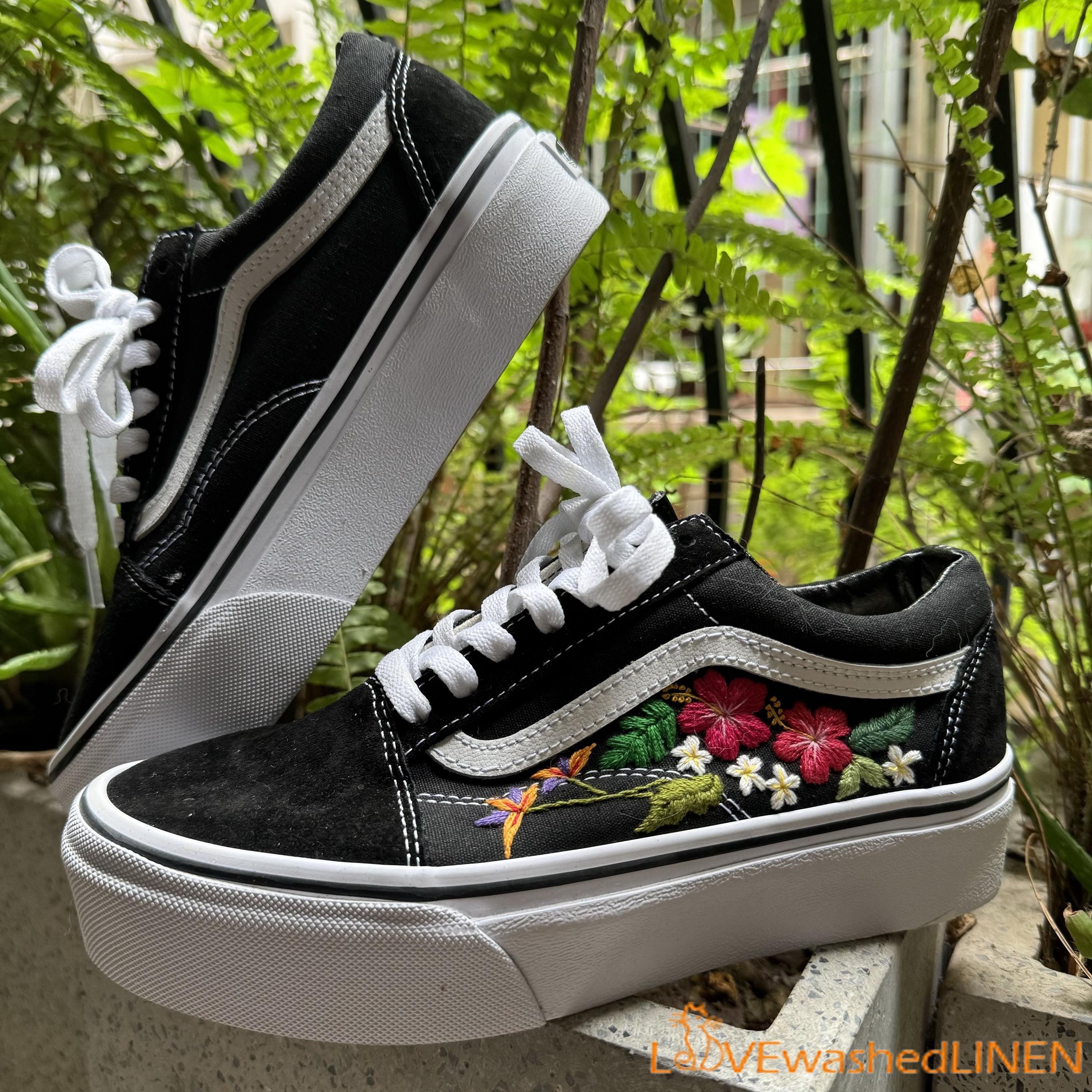 Hand Embroidered Tropical Floral Vans Old Skool Sneakers: Custom