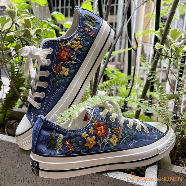 Custom Converse Chuck Taylor Embroidered / Wedding Flowers Embroidered Converse Low Tops / Wedding Pines Embroidered Sneakers