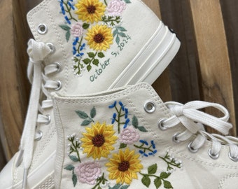 Custom Converse Sunflower Embroidered Sneakers – Yellow Floral Bridal Shoes – Handmade Wedding High Tops