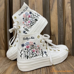 Custom Wedding Sneakers Platform/ Wedding Flowers Embroidered Shoes/ Bridal Flowers Embroidered Sneakers/ Wedding Flowers Embroidered