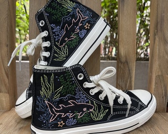 Custom Embroidered Converse High Tops/ Custom Converse Chuck Taylor 1970s Shark  Embroidered / Ocean Vibes Embroidered