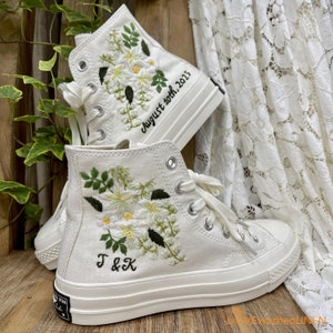 Custom Shoes Taylor 1970s/ Wedding Flowers Embroidered Sneakers/ Bridal Flowers Embroidered Sneakers Lilies Flowers Embroidered Sneakers/