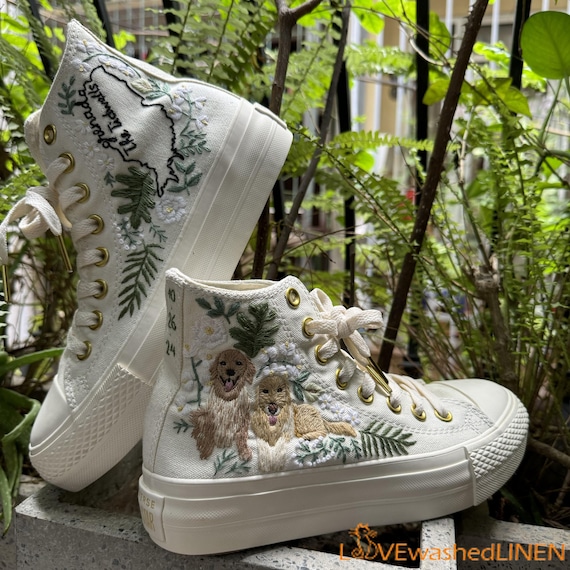 Custom Embroidered Converse Platform Sneakers: Pet Floral Design
