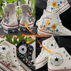 May include: Four pairs of high-top Converse sneakers with personalized embroidery. The sneakers are white and black with floral embroidery and text including "B.W.", "Collins", "Balled To", and "Mrs. Molsinger".