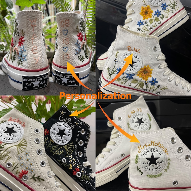 May include: Four pairs of high-top Converse sneakers with personalized embroidery. The sneakers are white and black with floral embroidery and text including "B.W.", "Collins", "Balled To", and "Mrs. Molsinger".