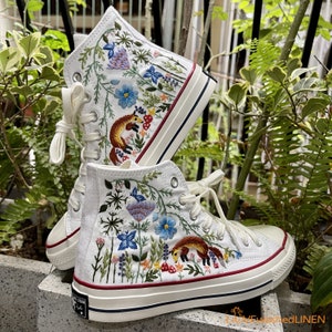 Custom Converse Fox Embroidered Sneakers – Floral Woodland High Tops – Handmade Nature Inspired Wedding Shoes