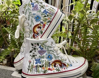 Custom Converse Fox Embroidered Sneakers – Floral Woodland High Tops – Handmade Nature Inspired Wedding Shoes