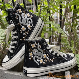 Custom Embroidered Converse High Tops Chuck Taylor 1970s/ Embroidered Snake Converse/ Custom Embroidered Snake Cherry Blossoms Shoes