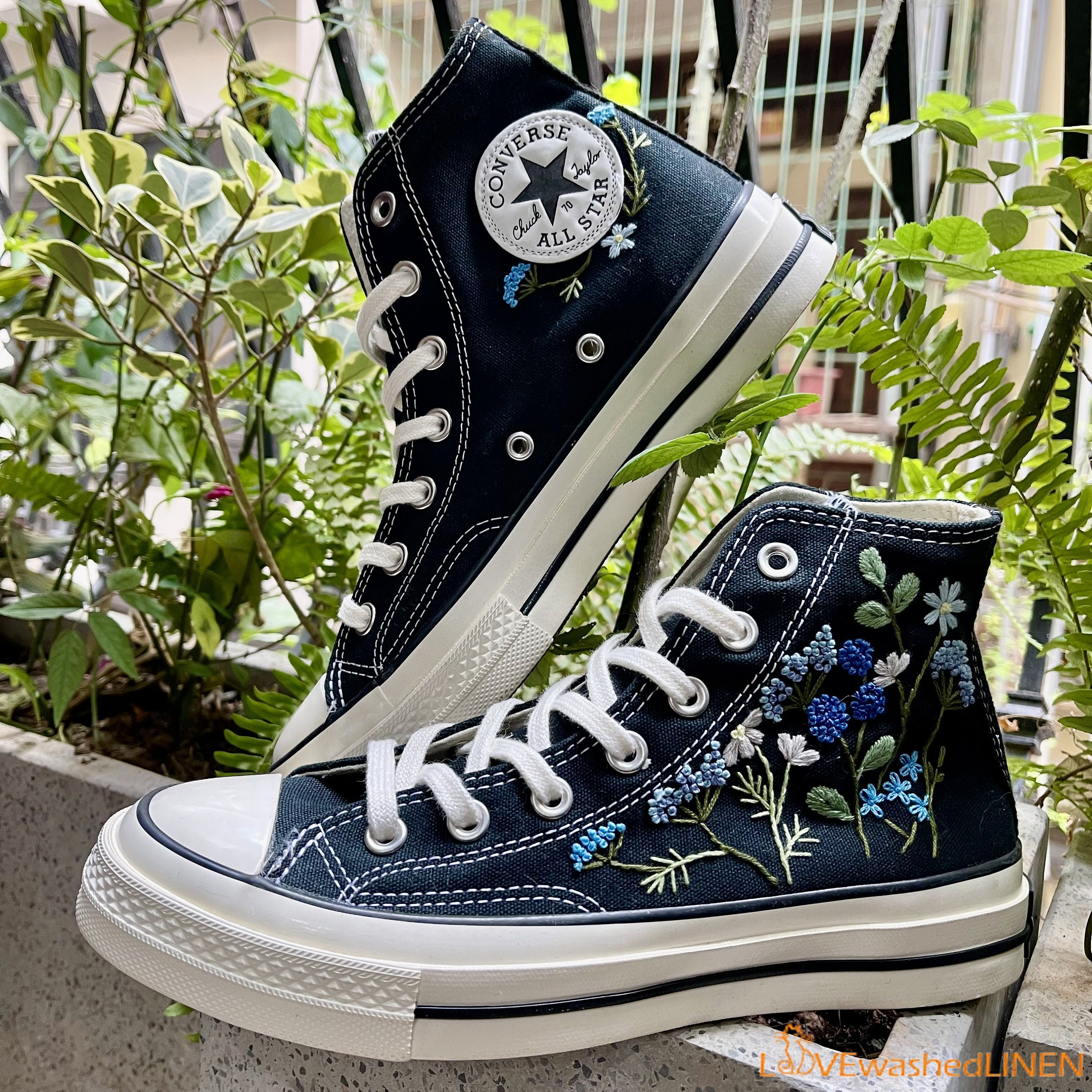 Floral Print Black Converse High Tops With Flowers Embroidered