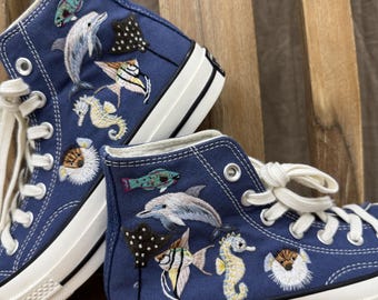 Hand Embroidered Whale Converse: Ocean Nautical Sneakers