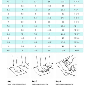 May include: Vans shoe size chart with US Men's, US Women's, UK, EU, CM, and inches measurements. Includes instructions for measuring foot length: stand, mark, and measure. The chart provides shoe size conversions.