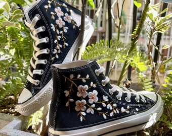 Custom Embroidered Converse High Tops Taylor 1970s/ Sweet Cherry Blossom Shoes/ Custom Sneaker Taylor Embroidered Flower