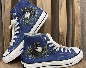 Custom Embroidered Converse Sneakers: Cat & Floral Design