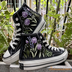 Custom Embroidered Sneakers High Tops Taylor 1970s/ Hand Embroidered Wedding Bouquet Shoes/ Embroidered Wedding Bouquet Sneakers