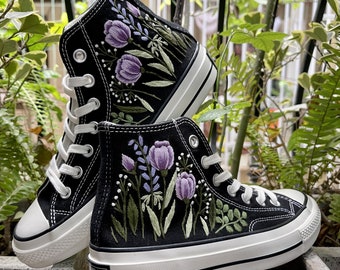 Custom Embroidered Sneakers High Tops Taylor 1970s/ Hand Embroidered Wedding Bouquet Shoes/ Embroidered Wedding Bouquet Sneakers