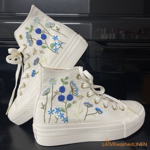 Custom Wedding Sneakers Platform/ Wedding Flowers Embroidered Shoes/ Bridal Flowers Embroidered Sneakers/ Wedding Flowers Embroidered