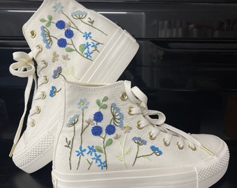 Custom Embroidered Wedding Sneakers: Blue Wildflower Converse Platform