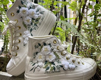 Custom Embroidered Floral Converse Platform Sneakers: Wedding Shoes