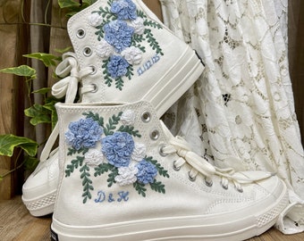 Custom Converse Hydrangea Embroidered Sneakers – Blue Floral Bridal Shoes – Handmade Wedding High Tops