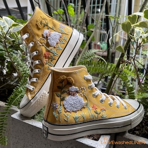 Custom Converse Chuck Taylor Sheep and Flowers Embroidered Shoes/ Sheep Farm Hand Embroidered Converse Custom/ Sheep Embroidered Sneaker