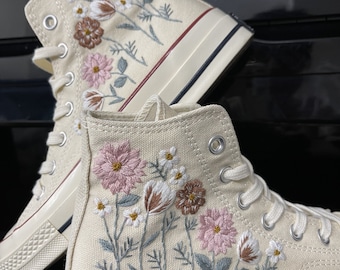 Custom Embroidered Converse High Tops Chuck Taylor 1970s/ Wedding Dahlia Flower Embroidered Converse/Wedding Embroidered  Dahlia Sneakers