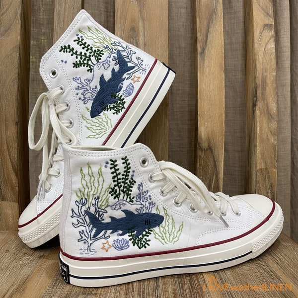 Custom Embroidered Converse High Tops/ Custom Converse Chuck Taylor 1970s Shark  Embroidered/ Ocean Vibes Embroidered