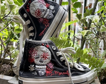 Custom Embroidered High Top Sneakers: Sugar Skull Art