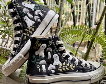 Custom Shoes Embroidered ghosts and mushrooms Sneakers/ Wedding Sneaker for Bride, Personalized Bridal Sneaker