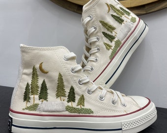 Custom Sneakers Taylor 1970s Embroidered Pine Trees/ Embroidered Shoes Custom Wedding Embroidered Shoes/ Wedding Embroidered Sneakers