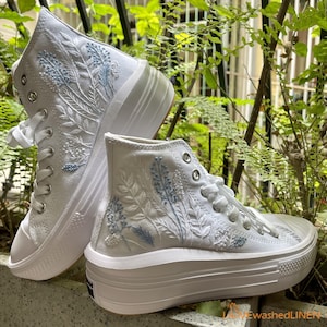 Custom Wedding Sneakers | Blue Floral Embroidered Bride Shoes | White Platform Converse for Bridal Comfort | Custom Converse Floral Design