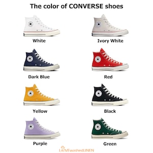 May include: A collage of six pairs of Converse high-top sneakers in various colors, including white, ivory white, dark blue, red, yellow, black, purple, and green. The text "The color of CONVERSE shoes" is at the top of the image.