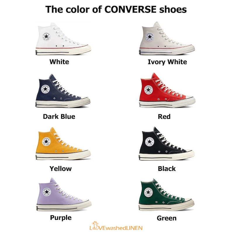 May include: A collage of six pairs of Converse high-top sneakers in various colors, including white, ivory white, dark blue, red, yellow, black, purple, and green. The text "The color of CONVERSE shoes" is at the top of the image.