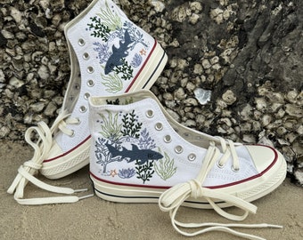 Shark Embroidered Converse: Ocean Reef Hand-Stitched High Tops
