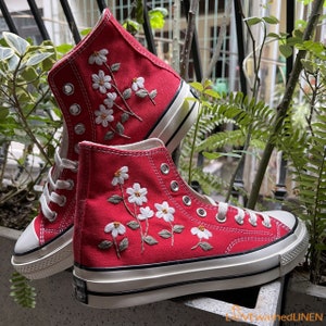 Custom Embroidered High Top Sneakers: Daisy Flower Wedding Shoes