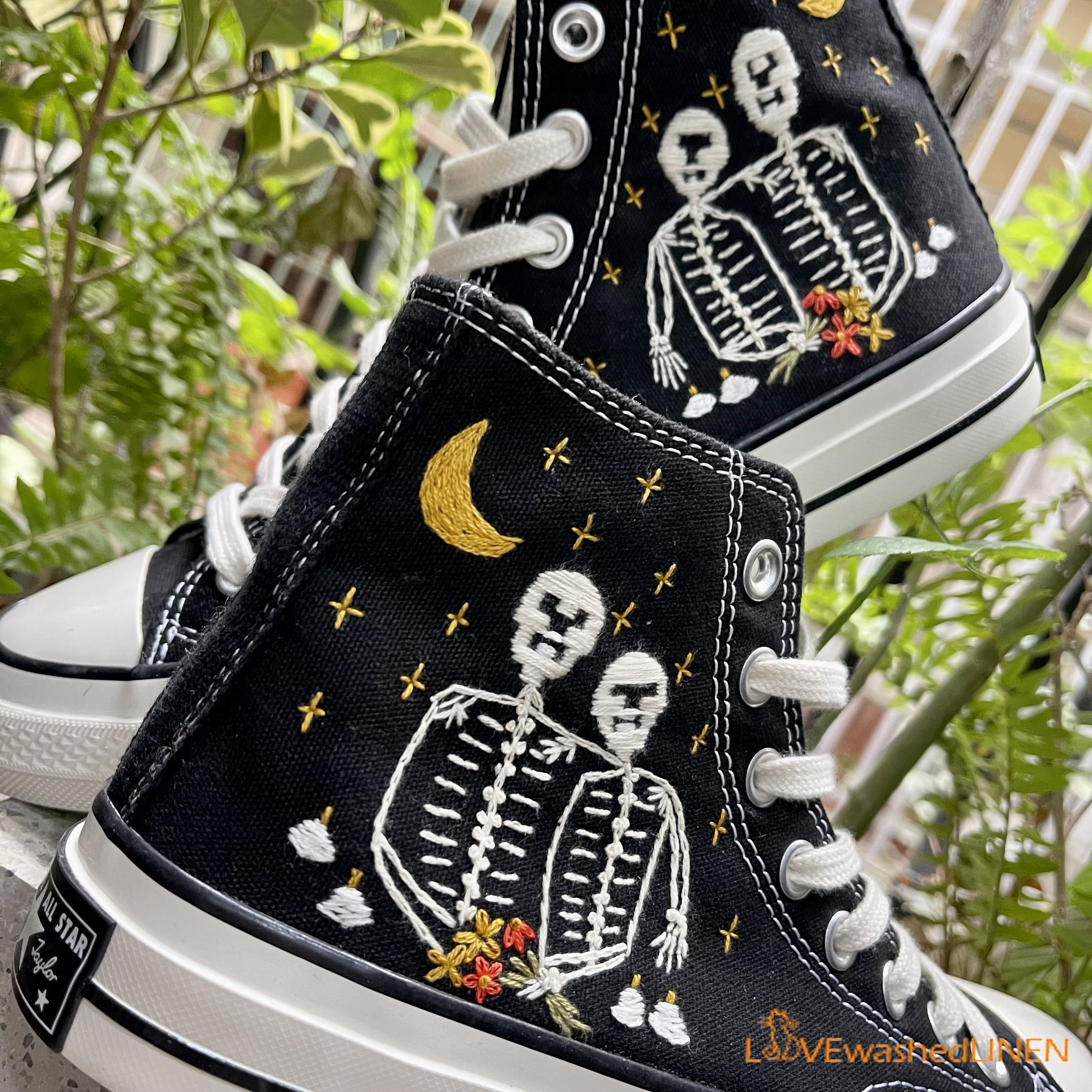 Custom Embroidered Converse Sneakers: Skeleton Bone Lover Shoes 