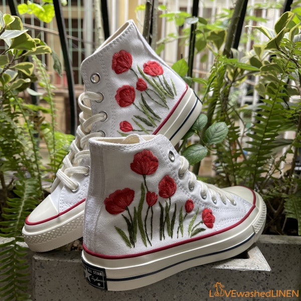 Custom Embroidered Sneakers High Tops Taylor 1970s/ Wedding Hand Embroidered Poppies Shoes/ Embroidered Pooppies Flowers Sneakers