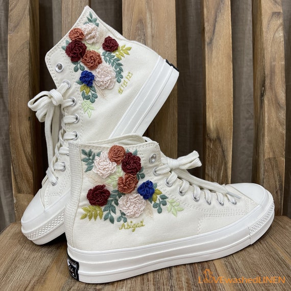Custom Embroidered Floral Converse Platform Sneakers: Bridal